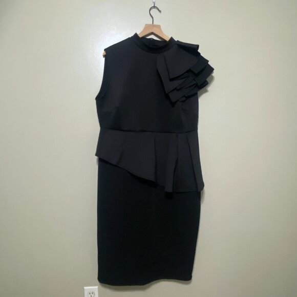 Elegant Cocktail Bodycon Sleeveless Mock Neck Ruffle Formal Midi Pencil Dress Bl - Picture 3 of 7